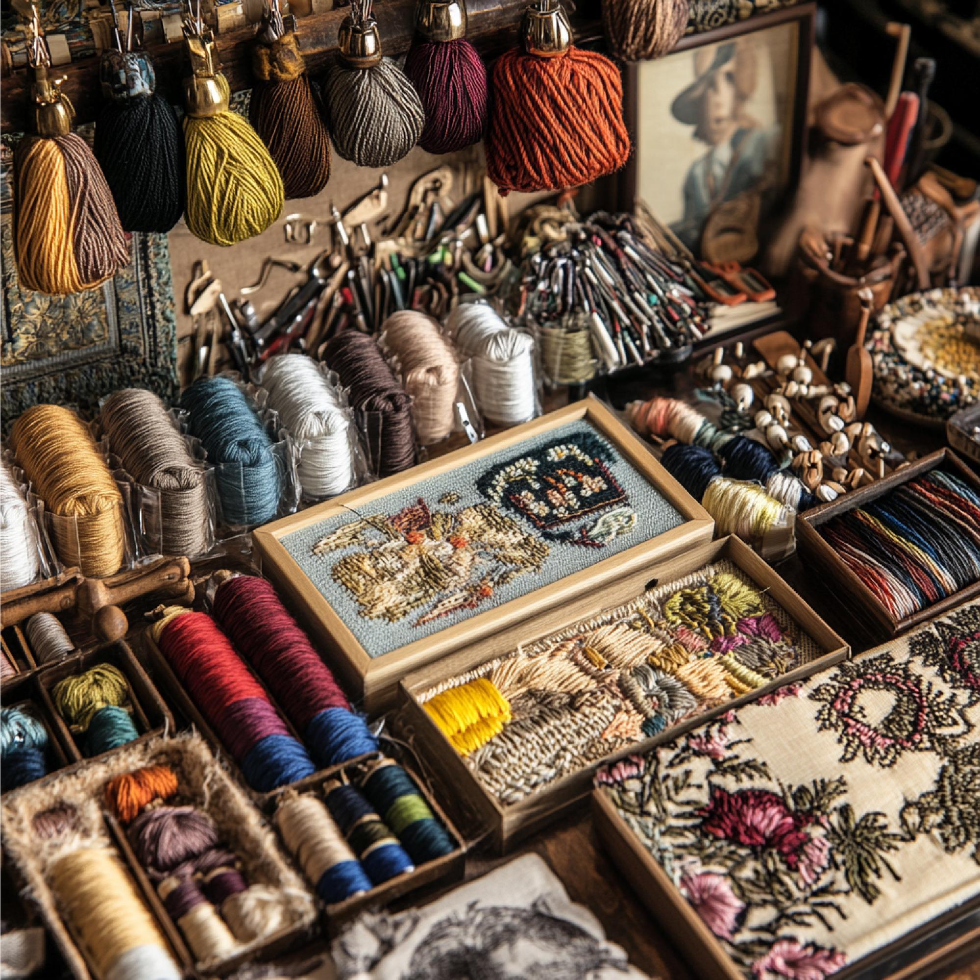 atelier workspace with embroidery frames and threads
