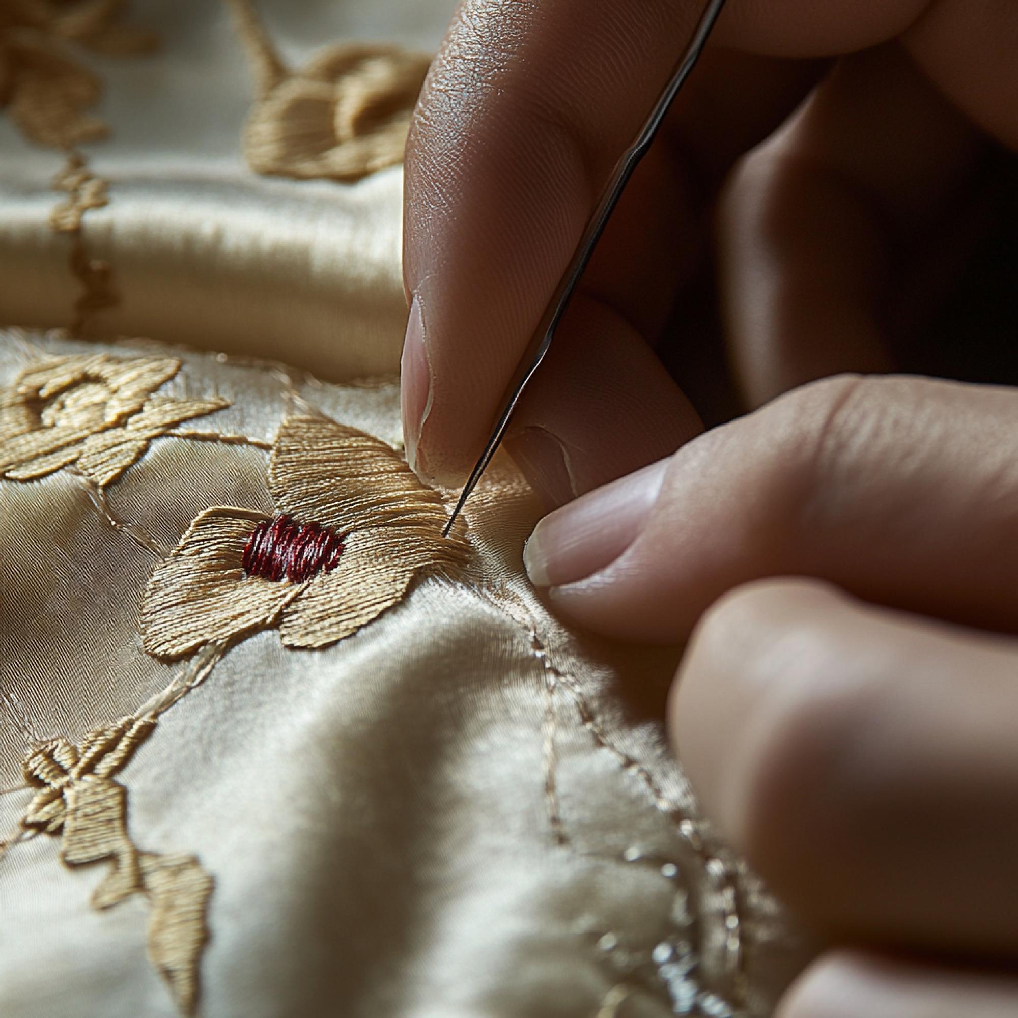 embroidery process closeup showing hands and needle